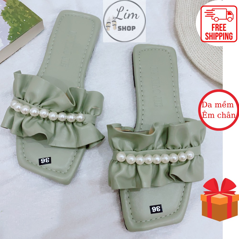 Dép lê Limshop quai ngang bèo nhún đính ngọc siêu xinh chất liệu da tổng hợp mềm mịn đế nhựa dẻo chống trơn LIMDEP01