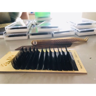 Combo mi khay cong L silk Hàn và mi fan sẵn 3d