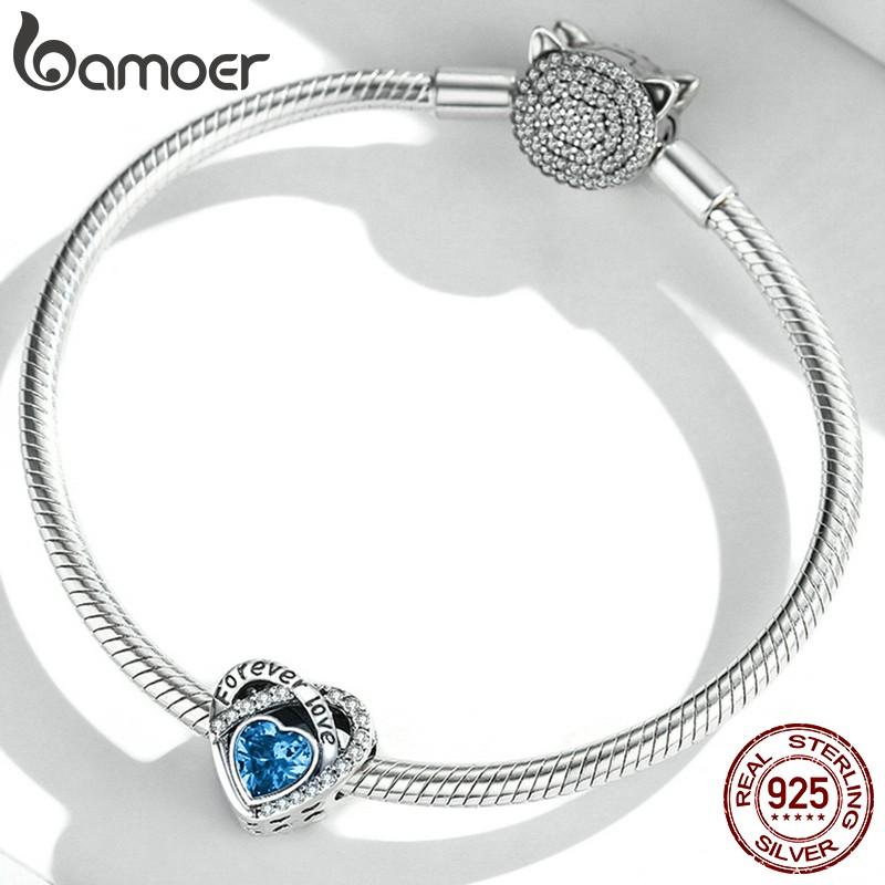 Hạt xỏ trang trí Bamoer Bsc535 bằng bạc 925 hình trái tim đính đá pha lê màu xanh dương dùng làm vòng đeo tay DIY