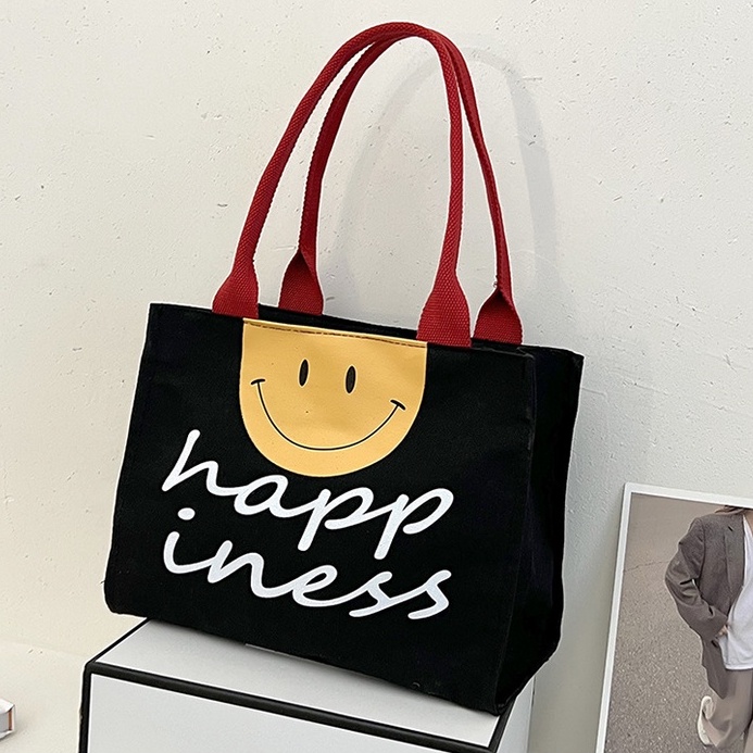 Túi xách canvas cỡ lớn in hình mặt cười màu sắc tương phản thời trang hàn quốc 2022 dễ phối đồ dành cho nữ