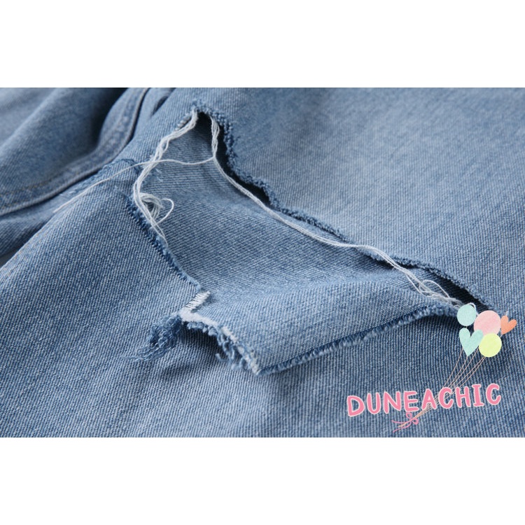 DUNEA Quần Jean Lưng Cao Ống Rộng Phối Rách Cá Tính Dành Cho Nữ