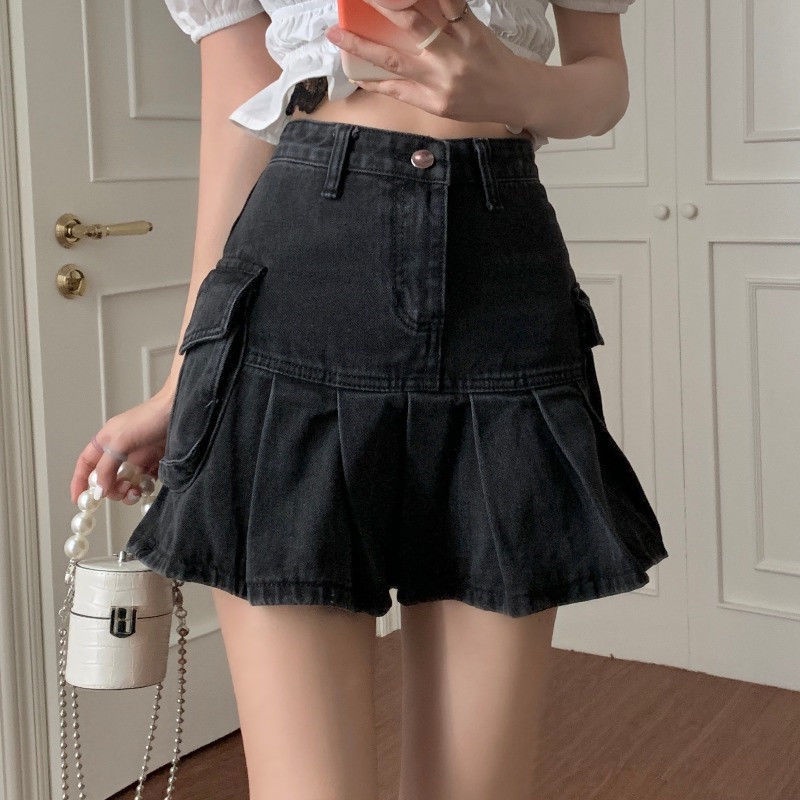 2022 Quần Culottes Denim Cạp Cao Thời Trang Nữ Mùa Hè
