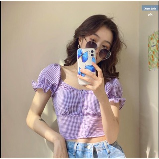 Thanh lý áo cúc kẻ caro tay bồng xanh tím 💋💋 neww