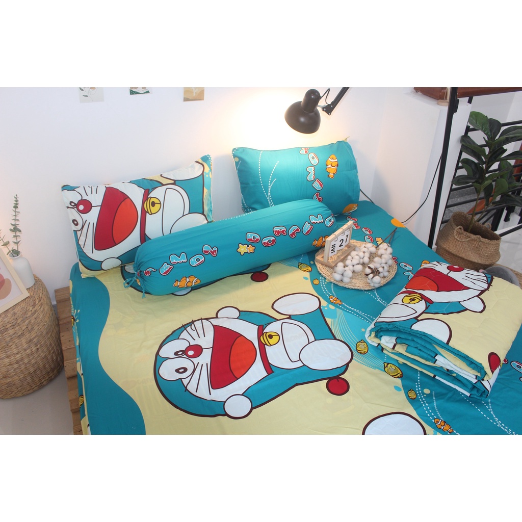 Chăn drap gối COTTON VIỆT NAM cao cấp - DORAEMON VÀ CÁ - vải dày dặn, mát mẻ, siêu thấm mồ hôi - NHIỀU MẪU MỚI