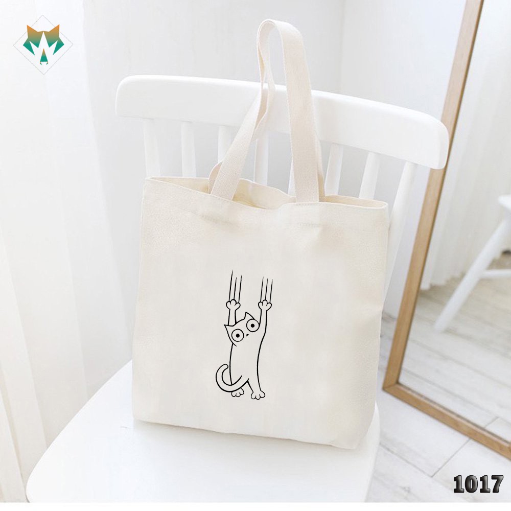 TÚI TOTE TRẮNG CHẤT VẢI CANVAS 1017 480 CAT CÀO XƯỚC DỄ THƯƠNG HÀNG CHUẨN ĐẸP