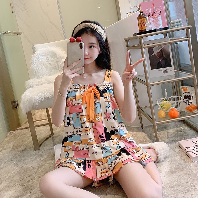 Đồ bộ nữ mặc nhà dễ thương 2 dây thun sữa mặc nhà mềm mát kèm nơ trước ngực