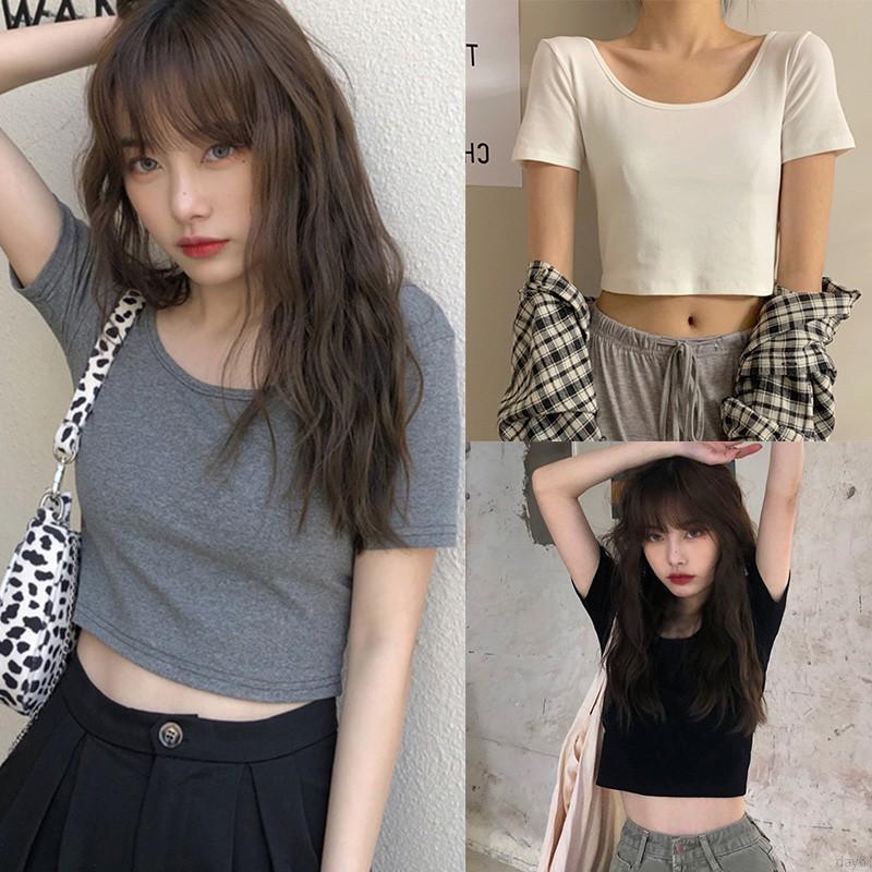Áo Thun Nữ Tay Ngắn Màu Trơn Đơn Giản Phong Cách Hàn Quốc