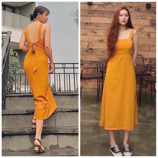 [Mã FATHANG5 giảm 10K đơn 50K] Đầm vàng nghệ nơ sau (kèm hình thật)