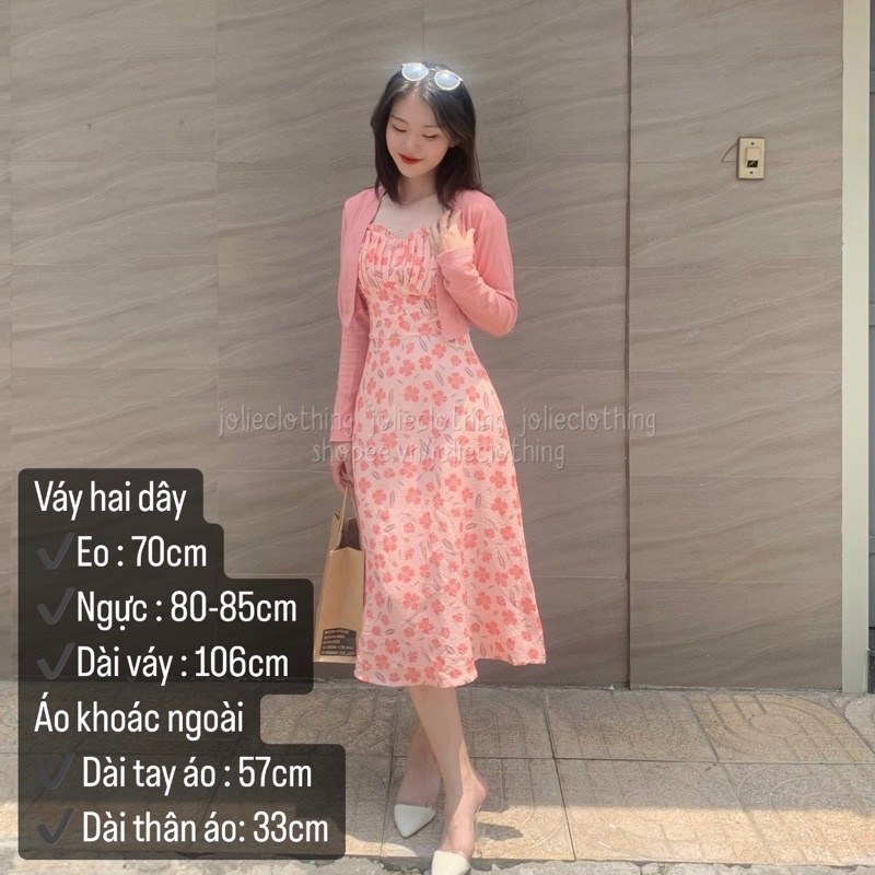 Set váy hai dây midi hoa nhí kèm áo khoác cardigan vàng dịu dàng, xinh xắn