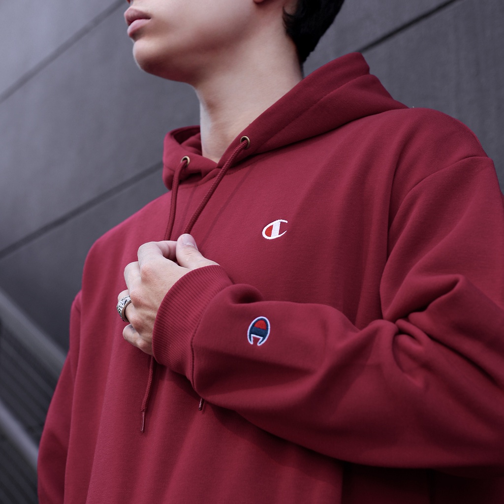 Áo Hoodie Thêu Logo Champion Sắc Nét Vải Nỉ Bông Cotton Form Rộng Rãi Unisex Màu Đỏ Đô
