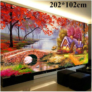 Tranh thêu chữ thập phong cảnh ngôi nhà khi thu sang đẹp nao lòng kt 202*102cm