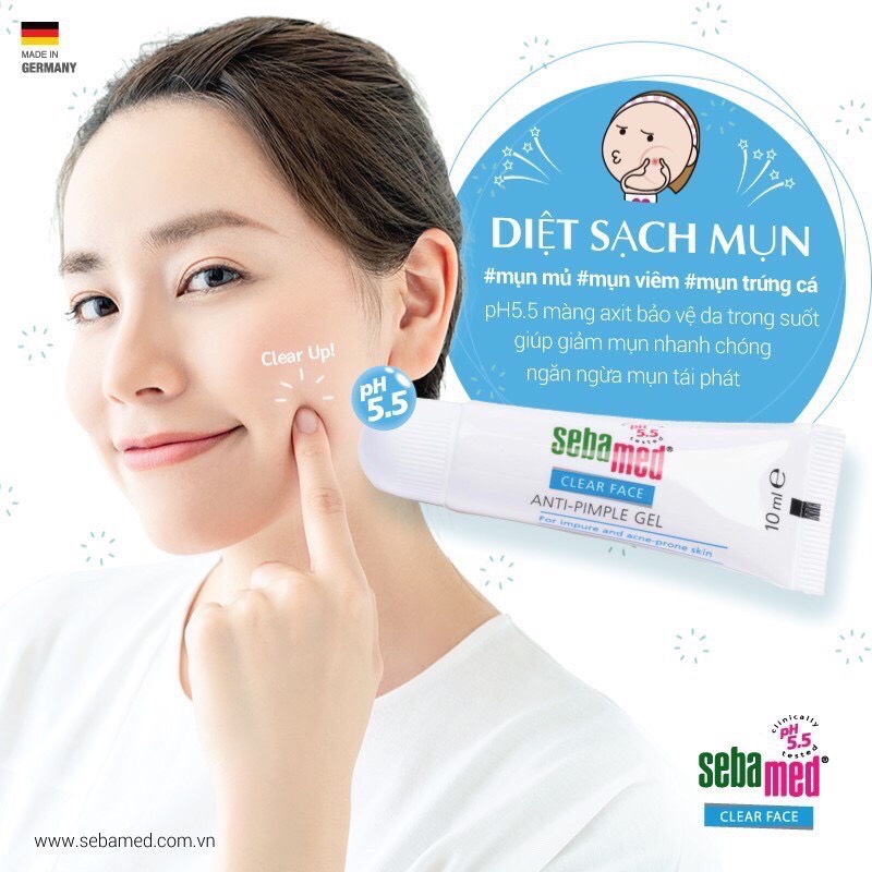 [Chính Hãng - Giá Sỉ] Gel giảm mụn kháng khuẩn &amp; làm dịu da Sebamed Clear Face Anti-Pimple pH5.5 (10ml)