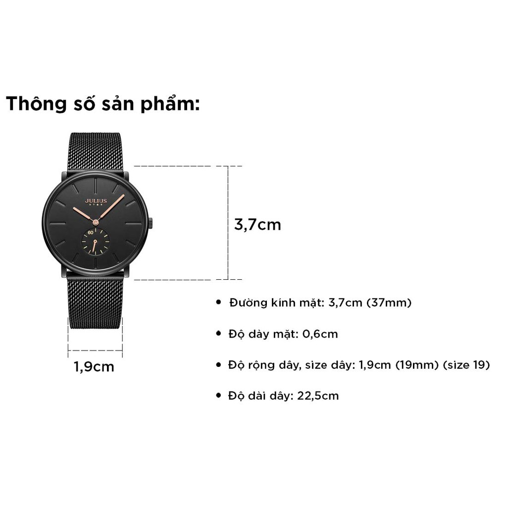 Đồng hồ nữ JS-043D kính Sapphire Julius Hàn Quốc dây thép (Đen)