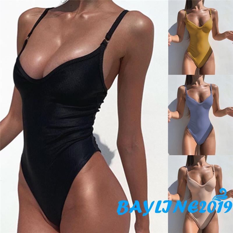Đồ Bơi Một Mảnh Cổ Chữ V Màu Trơn (Đen / Hồng / Xanh Lam Nhạt / Gừng / S / M / L / Xl) Cho Nữ