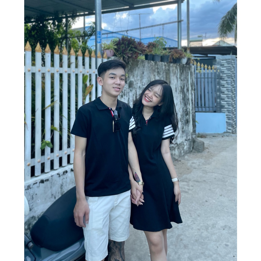 Set Đồ Couple Áo + Đầm Polo Đen Phối Sọc Tay