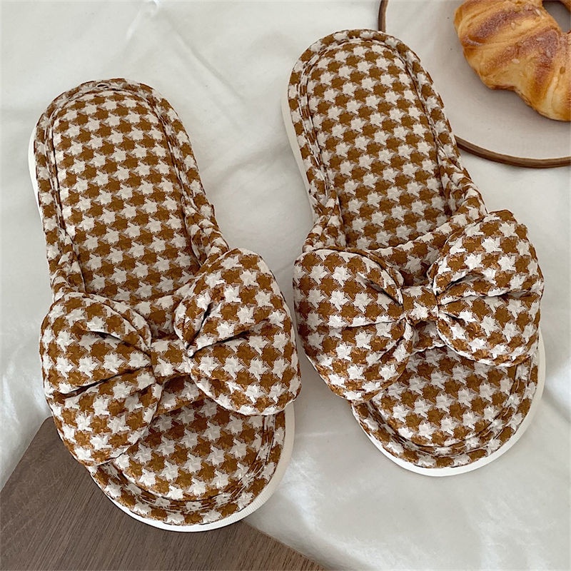 Oeteo Dép cotton Lanh Đi Trong Nhà Đế Dày Thắt Nơ Kẻ Sọc Cho Nữ