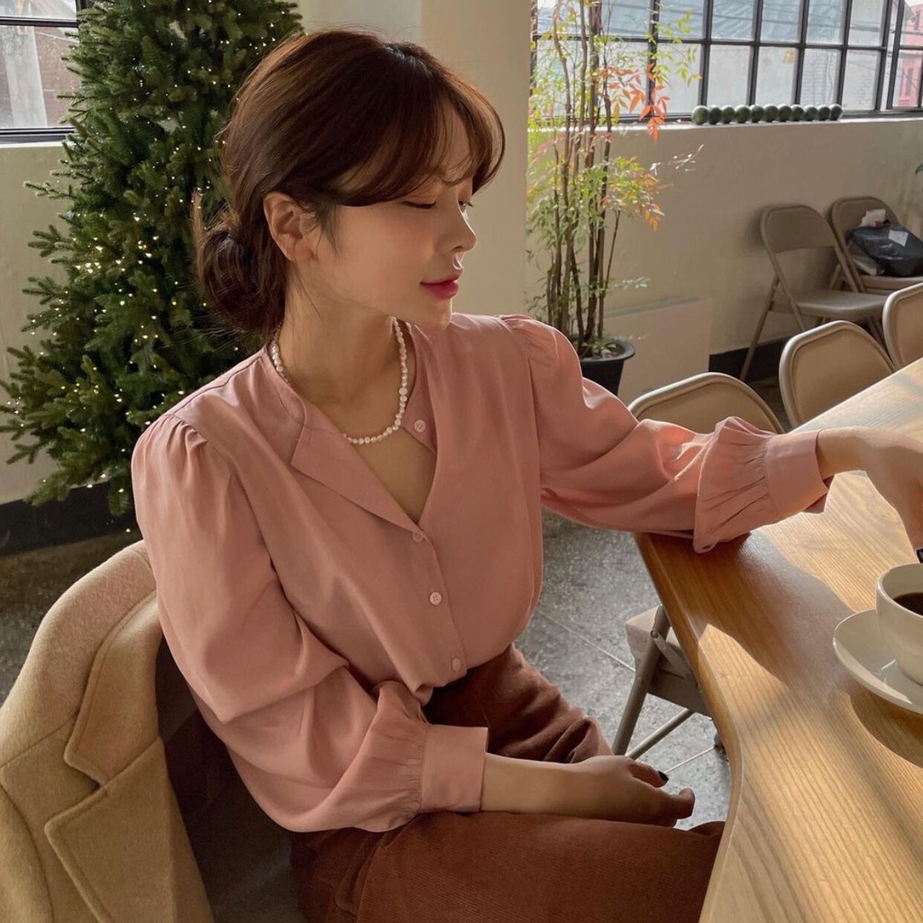 Áo Sơ Mi Tay Phồng Màu Hồng Phong Cách Hàn Quốc Xinh Xắn Cho Nữ