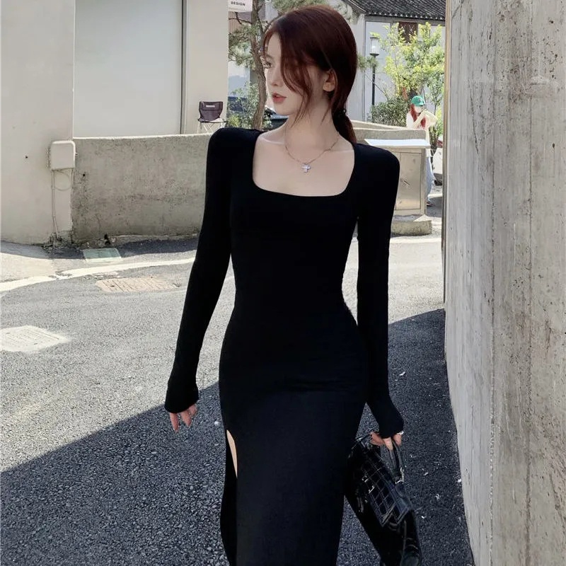 2022 Phụ Nữ Mùa Thu Phong Cách Mới Đầm Midi Cổ Vuông Thời Trang Váy Xẻ Tà Sexy