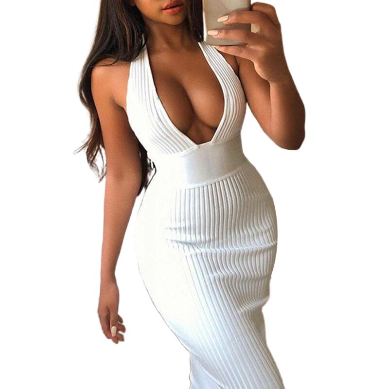 Xiangbao Đầm Maxi Bút Chì Dệt Kim Cổ Chữ V Khoét Sâu Hở Lưng Có Gân Gợi Cảm Cho Nữ