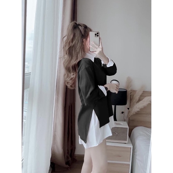 SET ĐẦM SƠ MI TRẮNG + ÁO GILE ĐEN TAY DÀI
