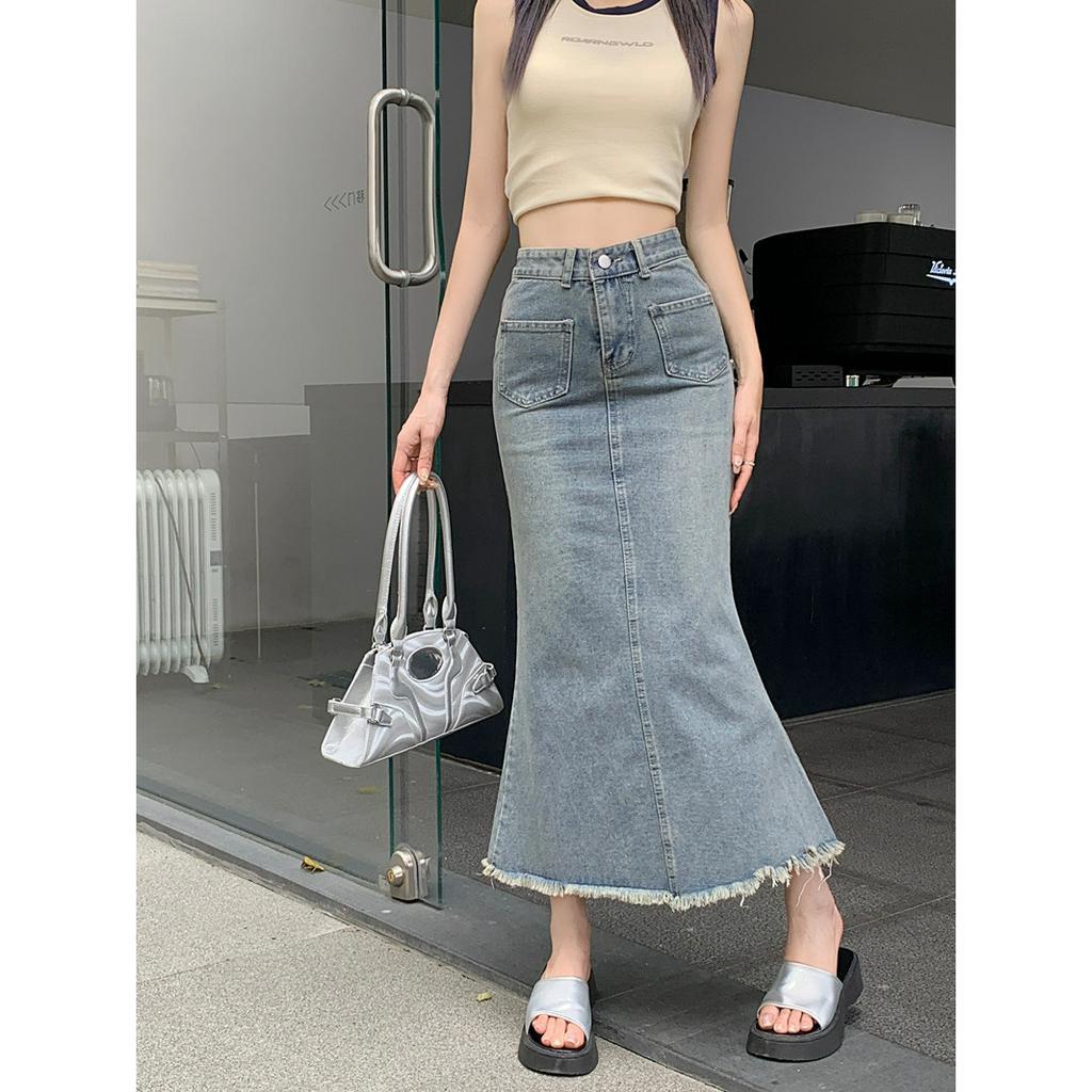 Lalisas Chân váy jean Đuôi Cá Dài Lưng Cao Phối Túi Phong Cách retro Cho Nữ