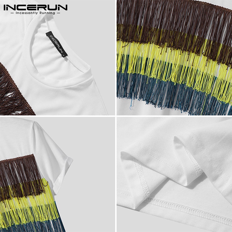 Áo thun INCERUN tay ngắn dáng rộng phối tua rua nhiều màu sắc thời trang sành điệu cho nam
