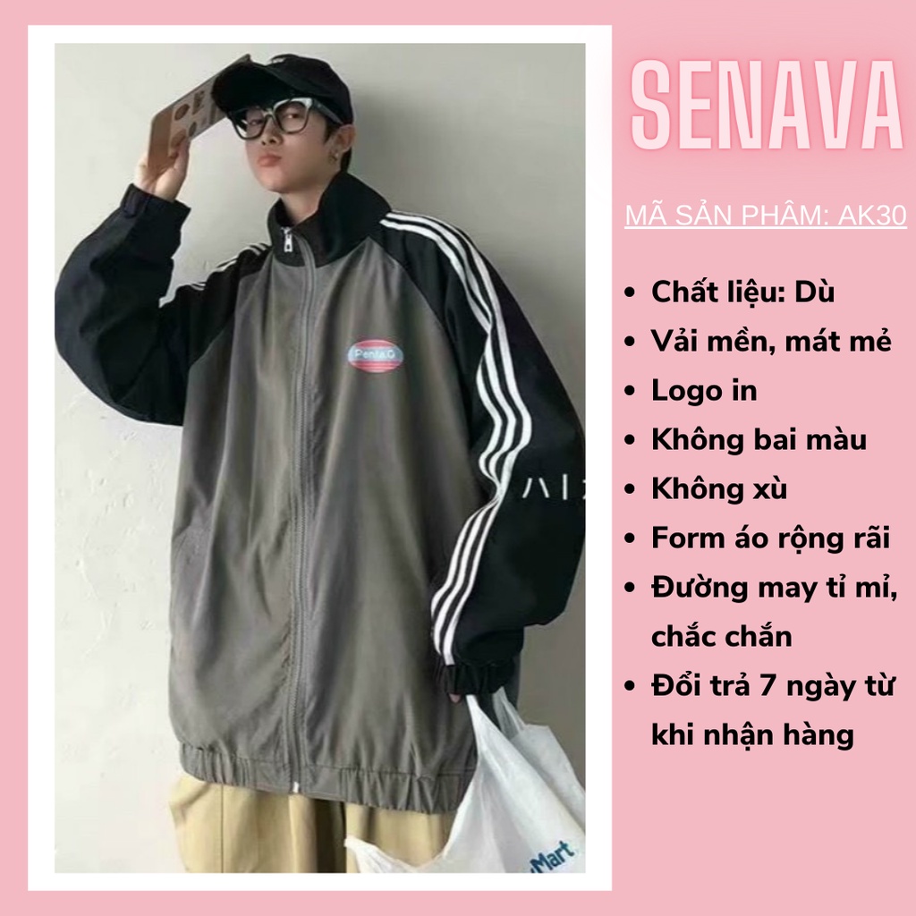 Áo khoác dù nữ nam PENTAQ bomber, Áo khoác gió Jacket 3 sọc form rộng SENAVA AK30