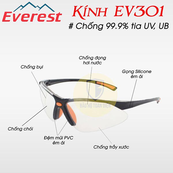 Kính bảo hộ Everest EV301 Đài Loan trong suốt, chống bụi, chống tia UV [TẶNG KHĂN LAU KÍNH]