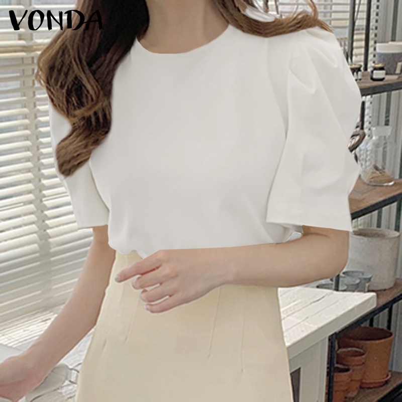 Áo kiểu VONDA tay ngắn cổ tròn màu trơn phong cách Hàn Quốc thời trang mùa hè cho nữ