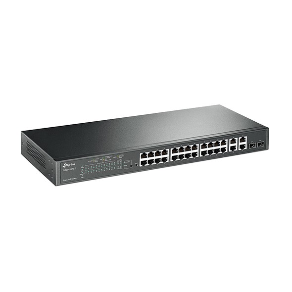 Bộ chia tín hiệu 24-Port 10/100Mbps + 4-Port Gigabit Smart PoE+ Switch TP Link T1500-28PCT (TL-SL2428P)