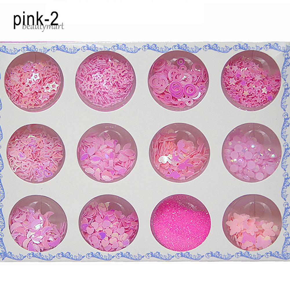 Bộ 12 hộp kim tuyến 12 mẫu trang trí móng tay