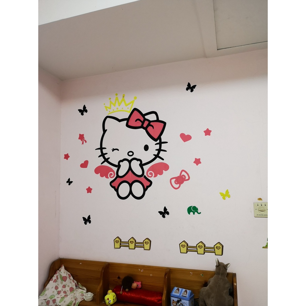 Tranh dán tường mica 3d decor khổ lớn hello kitty trang trí mầm non, mẫu giáo, phòng cho bé