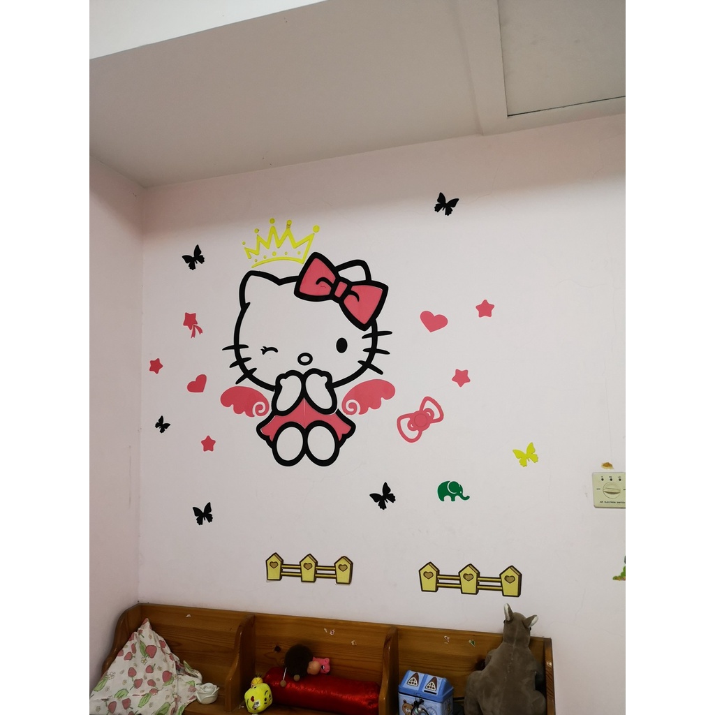 Tranh dán tường mica 3d decor khổ lớn hello kitty đôi cánh thiên thần trang trí mầm non phòng cho bé Nhiều Size - EPeBen