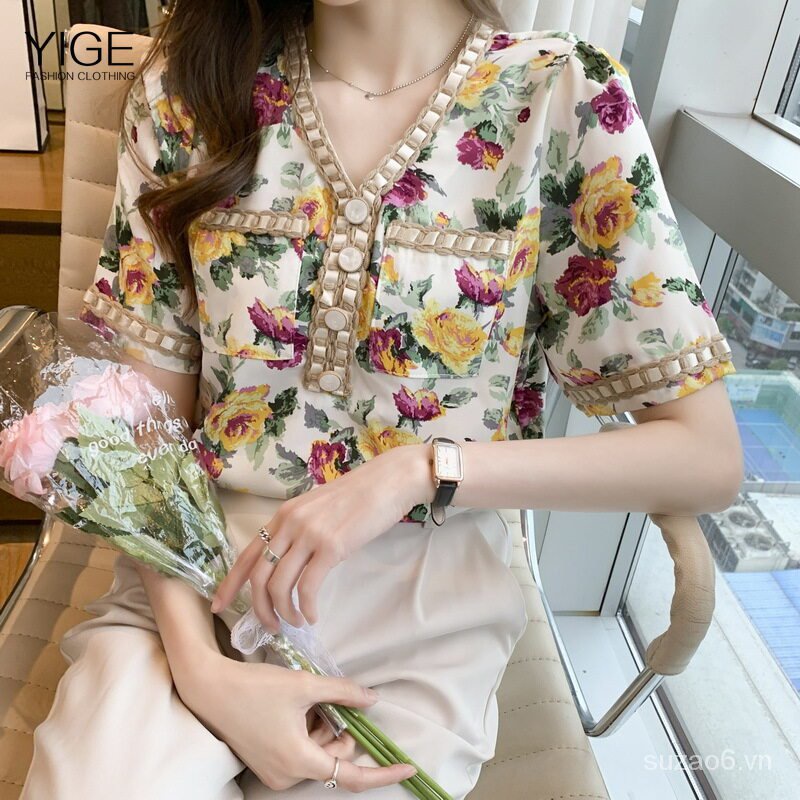YIGE Áo Cánh Dệt Cổ Chữ V Phong Cách Mới Mùa Hè 2021, Áo Voan Hoa Pháp Áo Cánh Hàn Quốc Ngắn Tay