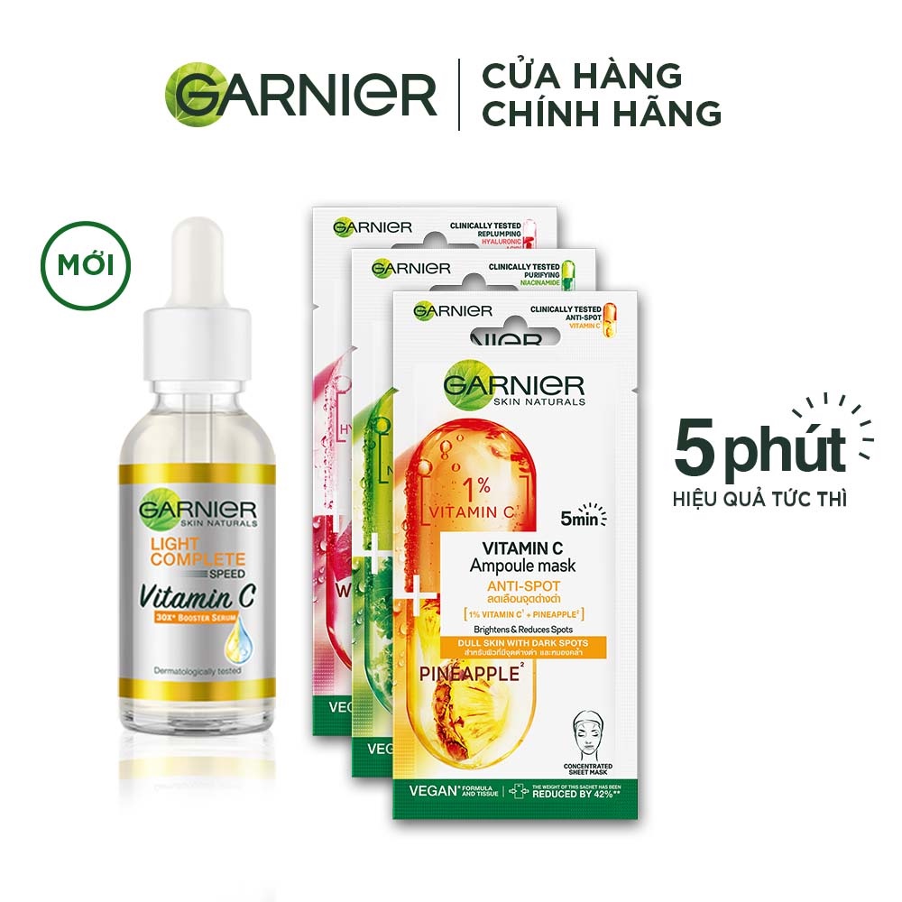 Bộ sản phẩm tinh chất cô đặc chăm da Garnier Serum 30ml x 3 Garnier Masks 15g