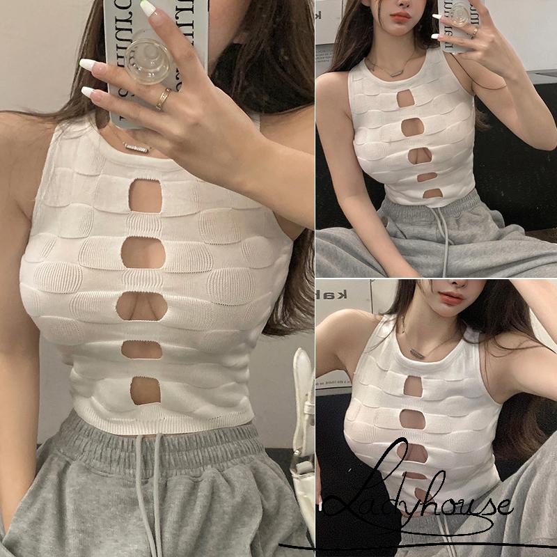 Áo Croptop Dệt Kim Không Tay Màu Trơn Họa Tiết Kẻ Sọc Cho Nữ