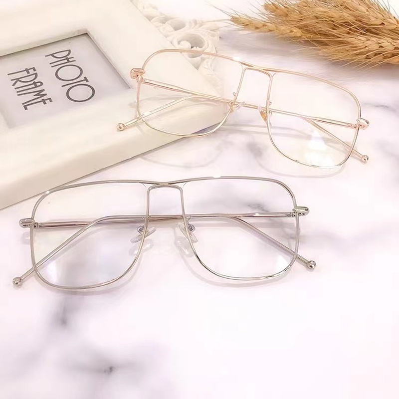(KIQI-FASHION) COD Mắt Kính Gọng Vuông Lớn Bằng Kim Loại Chống Bức Xạ Thời Trang Hàn Quốc Cho Nam Nữ