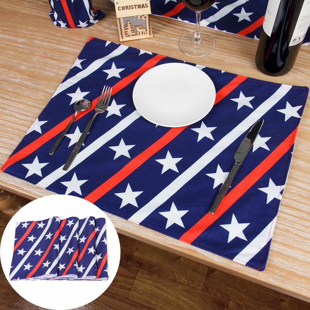 JANE 4pcs/set Table Decor Placemats Heat-Resistant Table Place Mats Independence Day Non-Slip Kitchen Rectangle Washable American Flag