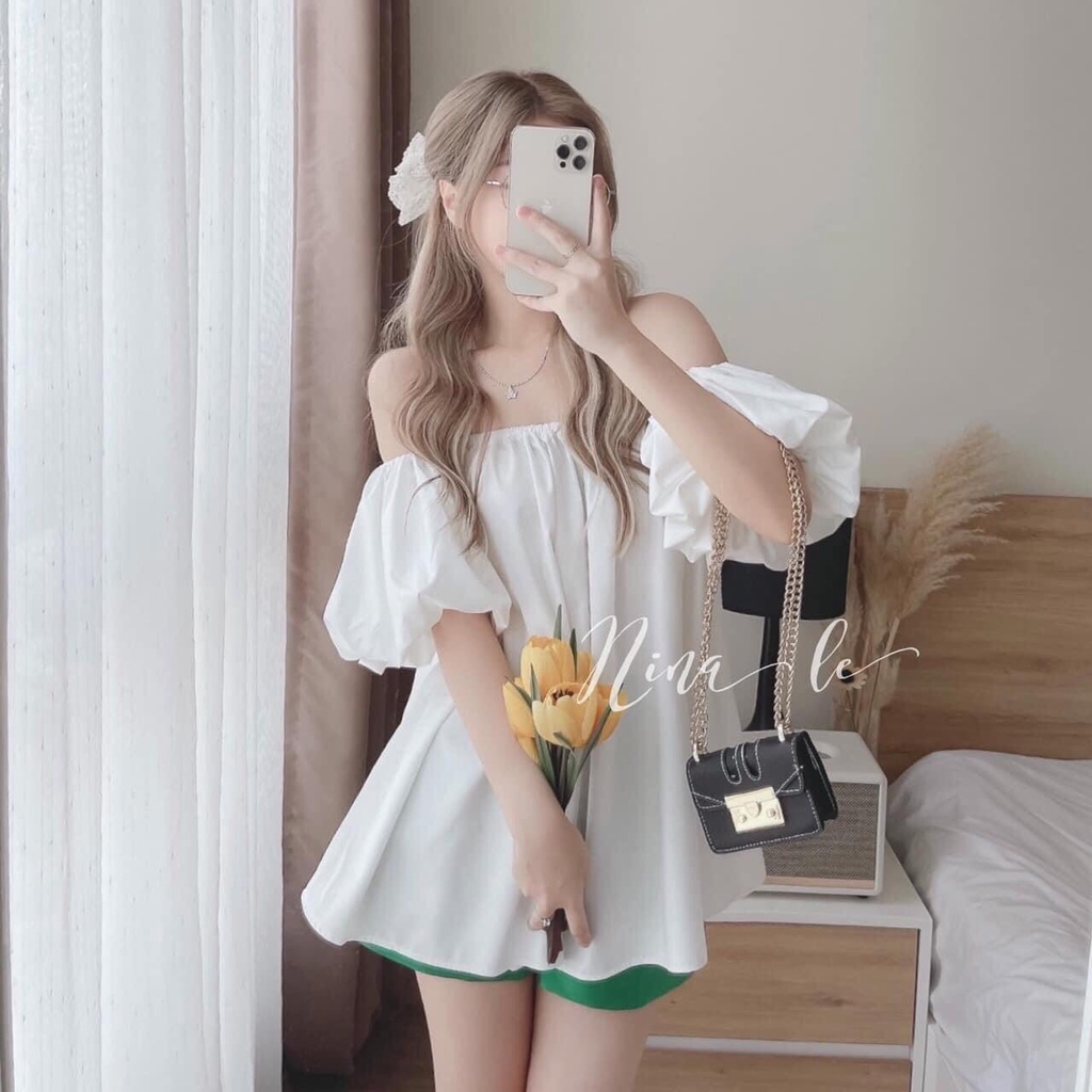 Áo váy babydoll trễ vai tay bồng Hình THẬT, áo nữ trễ vai chất thô lụa mềm min 3 màu