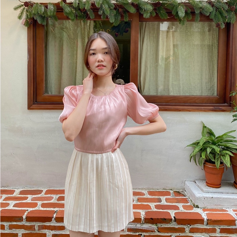 Áo croptop nữ tay ngắn phồng Hàn Quốc LUCETFASHION lụa organza cao cấp trắng xanh kem hồng Fancy Top