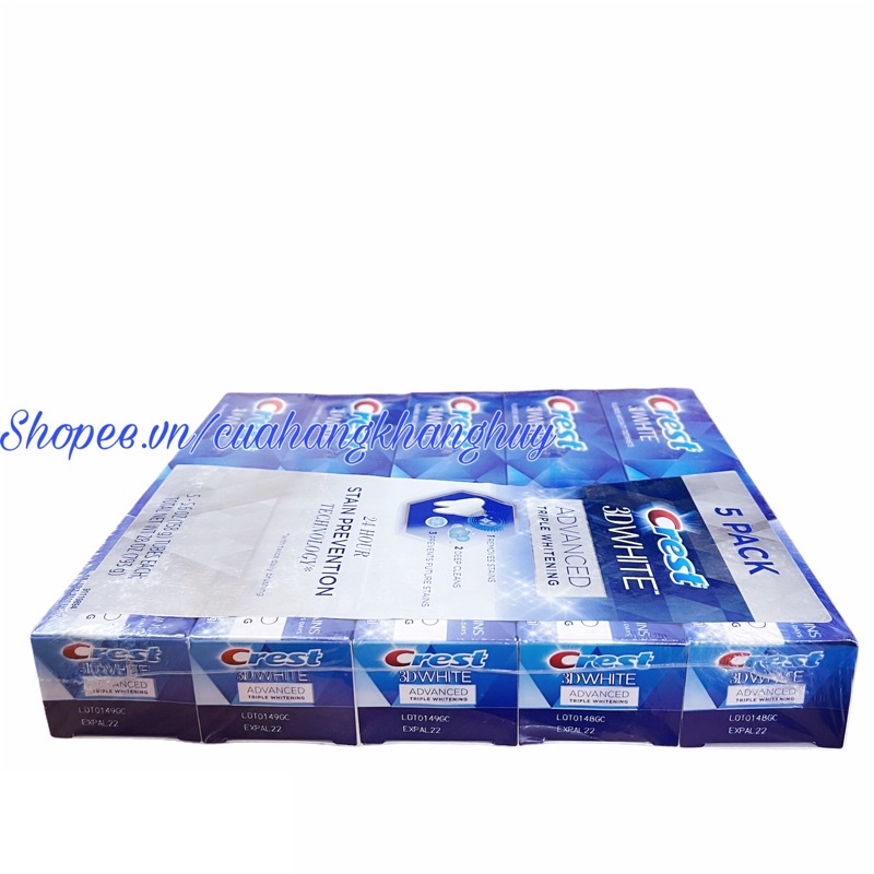 Kem đánh răng Crest 3D White Advanced Triple Whitening, 5 tuýp x 158 g (Mỹ)