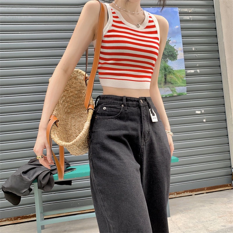 Áo Hai Dây Dáng Ngắn Họa Tiết Kẻ Sọc Màu Sắc Tương Phản Gợi Cảm Thời Trang Mùa Hè Mới Cho Nữ