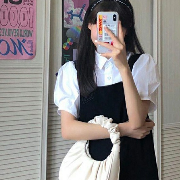 Set váy yếm nữ đen dài 2 dây kèm áo sơ mi trắng kiểu dáng Hàn Quốc NITEHY 4 | BigBuy360 - bigbuy360.vn