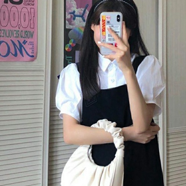 Set váy yếm nữ đen dài 2 dây kèm áo sơ mi trắng kiểu dáng Hàn Quốc NITEHY 4