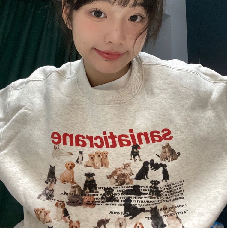 ZHELIHANGFEI Áo Sweater Tay Dài Cổ Tròn Dáng Rộng In Họa Tiết Xinh Xắn