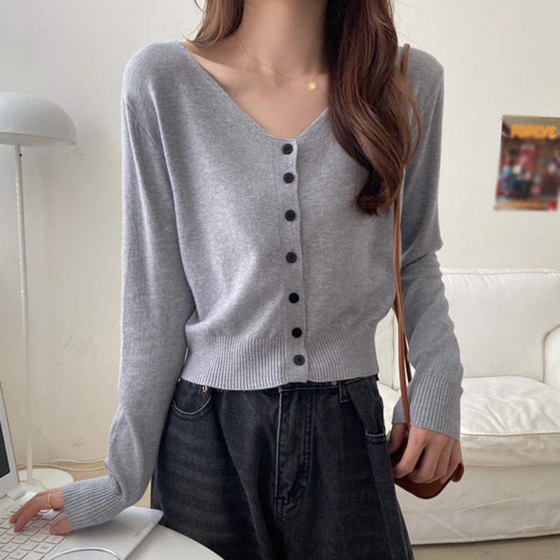 Áo Cardigan Dệt Kim Tay Dài Thiết Kế Cổ Chữ V Thanh Lịch