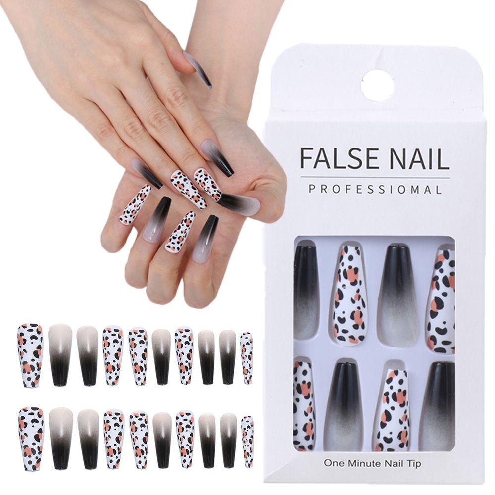 LAY Bộ 24 Móng Tay Giả Hình Chữ T Họa Tiết Da Báo Thời Trang