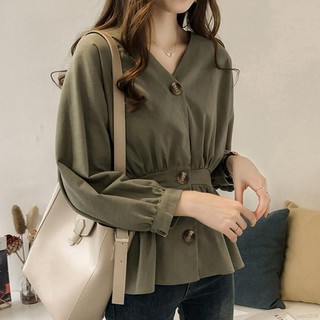 Áo sơ mi cài nút bo eo cổ V cho nữ