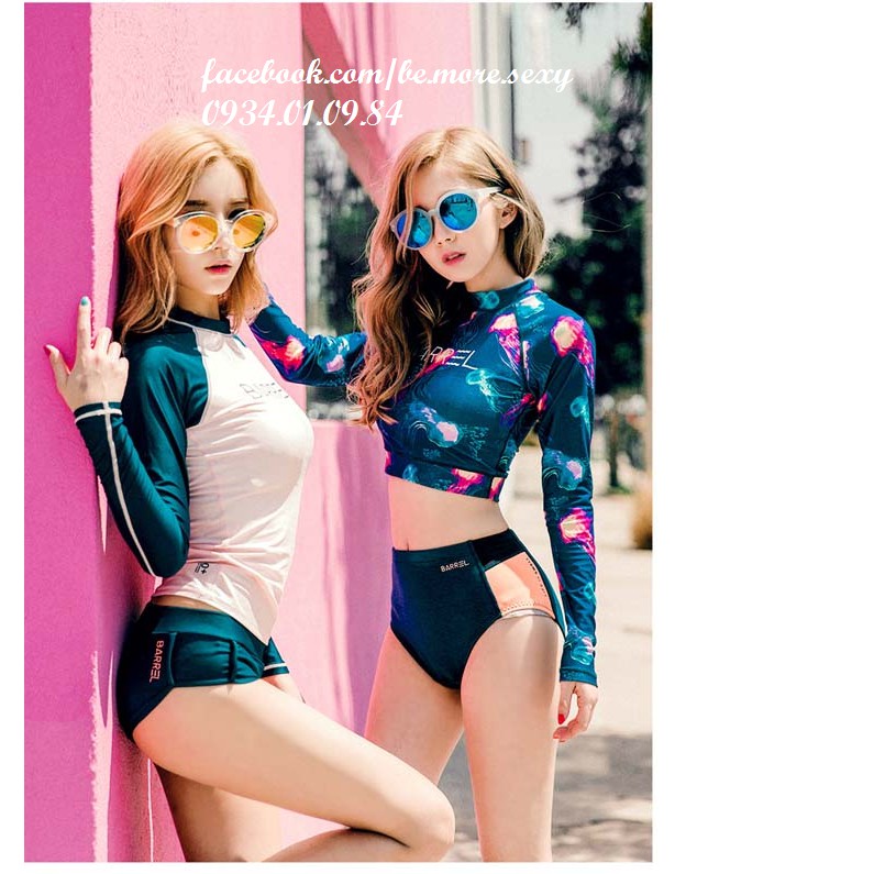 Đồ bơi nữ dài tay áo hồng short xanh | BigBuy360 - bigbuy360.vn