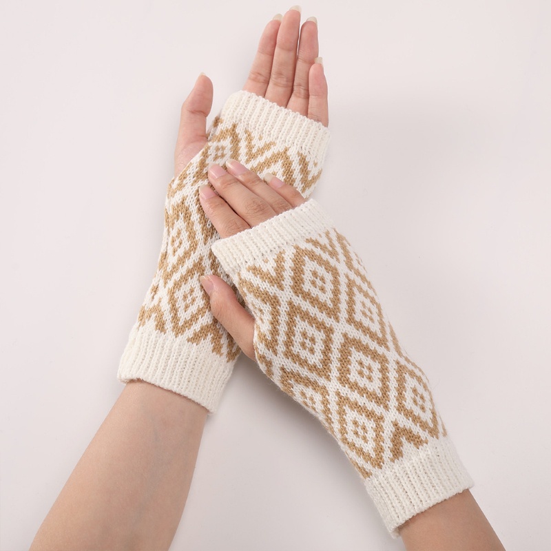 Han Găng Tay Dệt Kim Hở Ngón Co Giãn Hình Học Đơn Giản Giữ Ấm Cho Nữ Hoạt Động Ngoài Trời